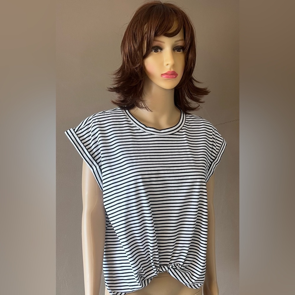 Marc New York Black & White Striped Knot-Front Short Sleeve Tee